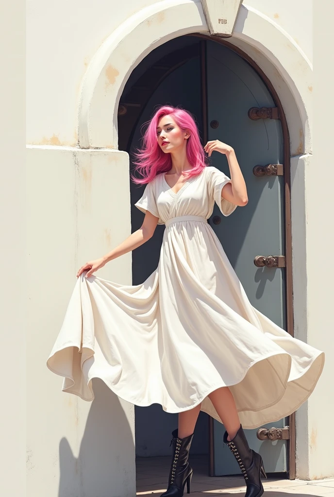 full length, Dancing, Pink Hair, Thin face, Grey Eyes, , 1, Slim figure, Almond-shaped eyes, Button nose, Fuller lips, European style exterior, Very exquisite and detailed, Black eyeliner, Summer Dresses, boots, Professional photography, Super sharp focus, so beautiful