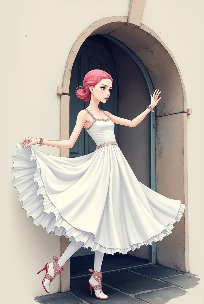 full length, Dancing, Pink Hair, Thin face, Grey Eyes, , 1, Slim figure, Almond-shaped eyes, Button nose, Fuller lips, European style exterior, Very exquisite and detailed, Black eyeliner, Summer Dresses, boots, Professional photography, Super sharp focus, so beautiful