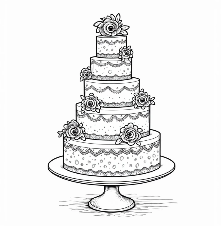 A line art for a coloring book for children of a wedding cake