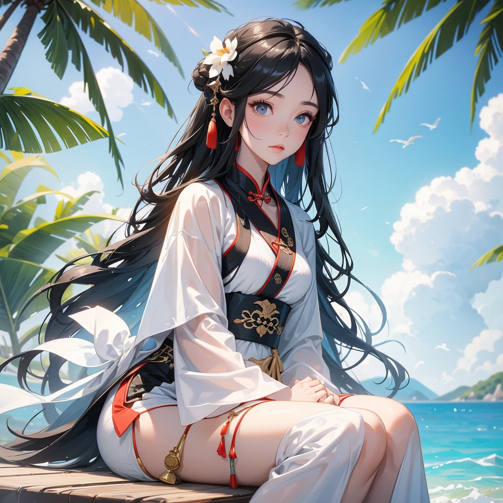 A beautiful girl with black long hair, wear white ancient chinese clothes, with the sun shining on her face, close up.

Sitting fishing By the blue sea Under the coconut tree Behind there are mountains, with low, lazily floating clouds.