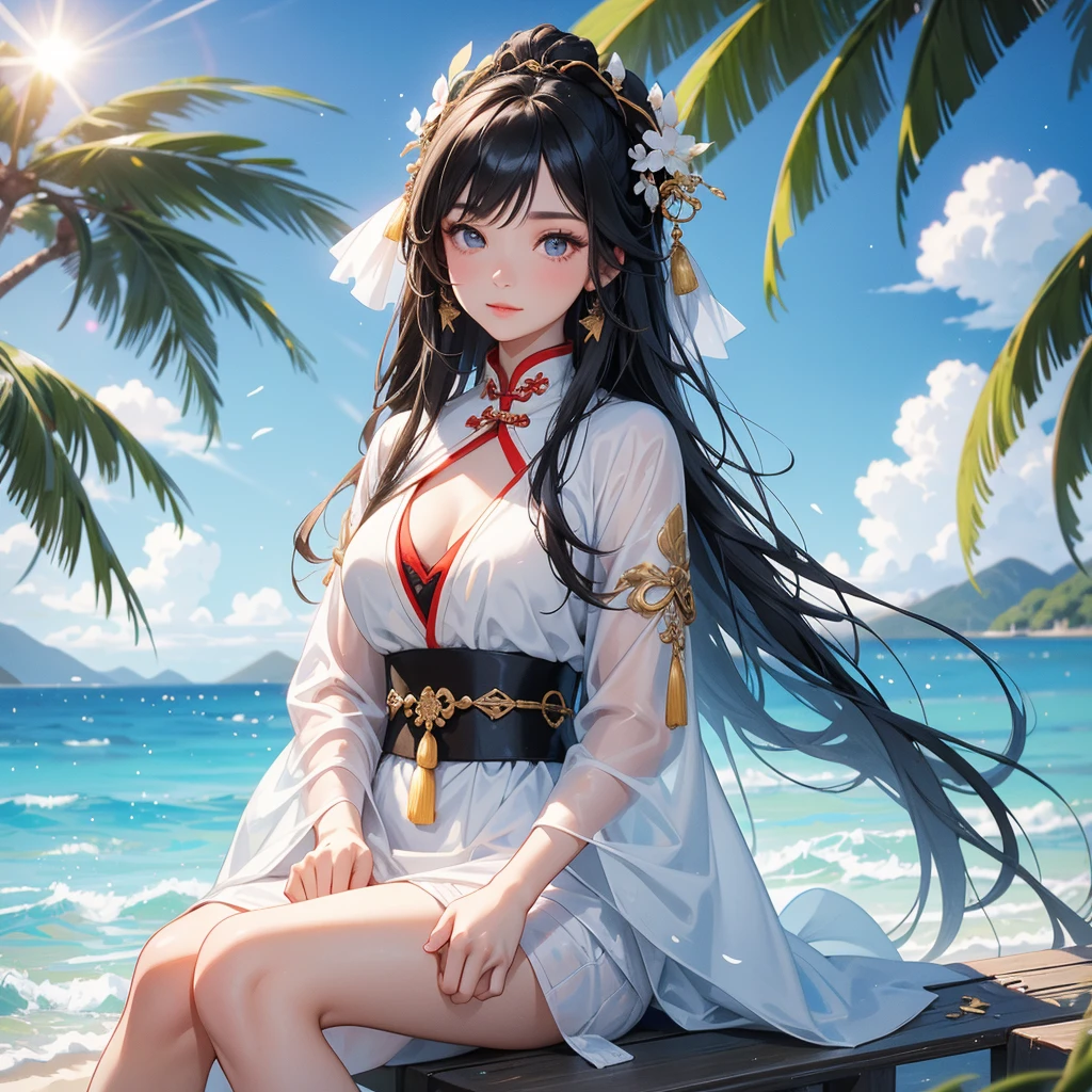 A beautiful girl with black long hair, wear white ancient chinese clothes, with the sun shining on her face, close up.
Sitting fishing By the blue sea Under the coconut tree Behind there are mountains, with low, lazily floating clouds.
