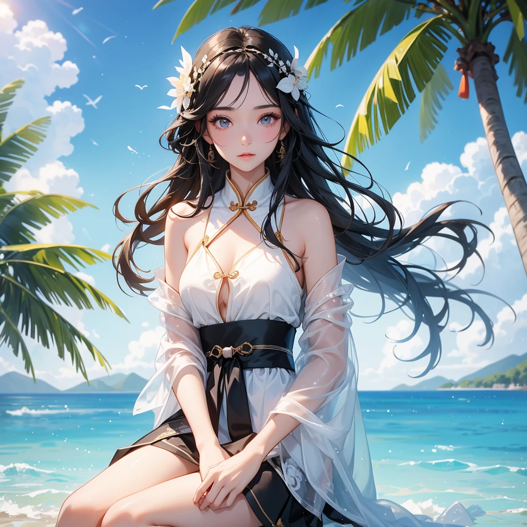 A beautiful girl with black long hair, wear white ancient chinese clothes, with the sun shining on her face, close up.
Sitting fishing By the blue sea Under the coconut tree Behind there are mountains, with low, lazily floating clouds.
