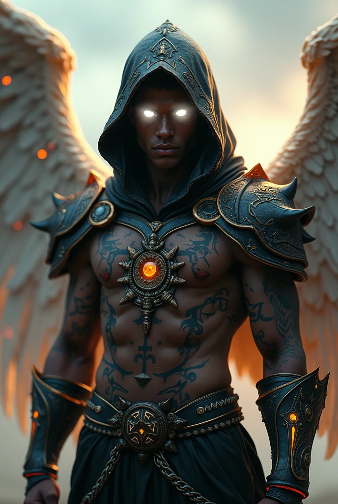 20 year old young man Angelic Warrior and aesthetic armor with a hood, his face is not visible and a celestial aura with (Rinnegan White) a penetrating gaze with male fire trail wings, Brown skin with Hebrew tattoos that glow blue all over half of his body