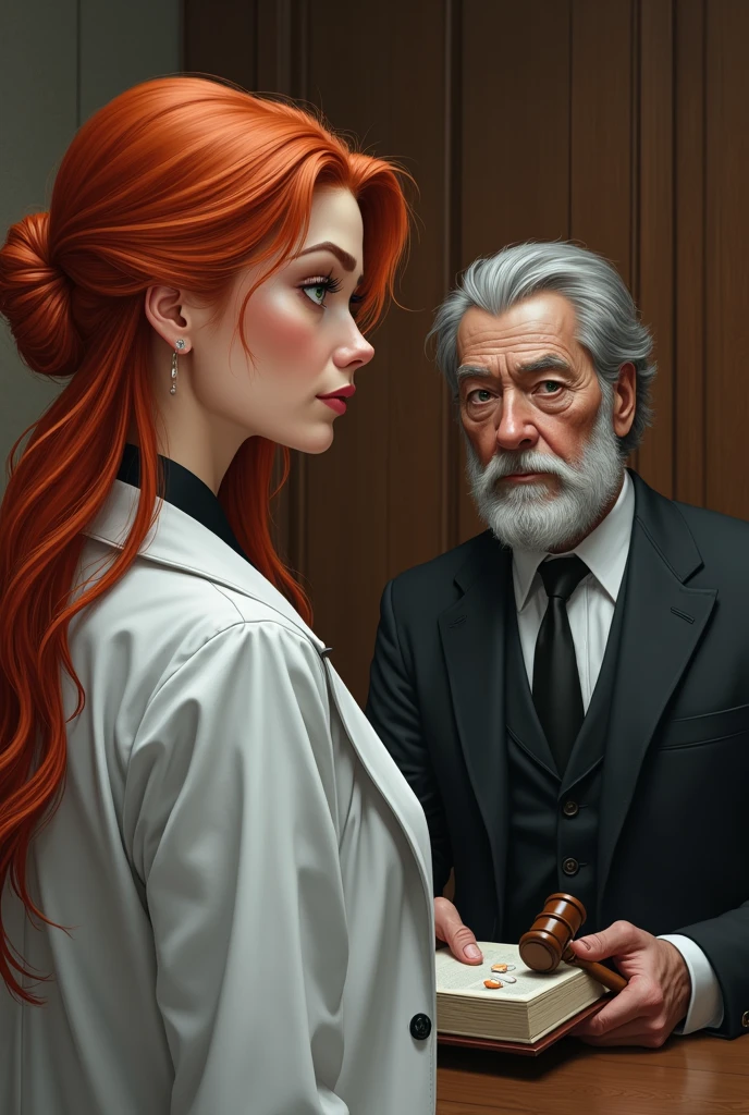 ((Best quality)), ((masterpiece)), (detailed), close-up person, young ambitious woman - doctor in a medical robe, stands before the judge; Sudbya is an elderly gray-haired man in a judge&#39;s robe., sits half-turned to the camera. The doctor stands facing the camera, in the interior of the courtroom; Behind the doctor stands a young man in an elegant black suit with pharmacological drugs in his hands.. In front of the judge on the table there is a thick book and a wooden gavel.. The female doctor has long red hair, full lips, green eyes, long eyelashes, (fantasy art:1.3), highly detailed face, Beautiful illustration, (portrait composition:1.3), restrained, shallow depth of field, focus on the eyes, (rating_obvious), (check_9, check_8_up, check_7_up, check_6_up, check_5_up, check_4_up) a high resolution, masterpiece, shiny smooth skin
