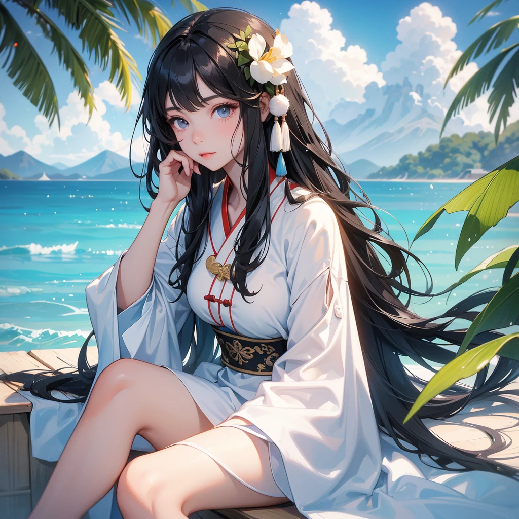 (Highest quality、masterpiece、High resolution、8k)、Vibrant colors、1 female、Long black hair、whole body、barefoot、thin、(Detailed face、Beautiful Eyes、Beautiful Nose、Pretty lips)、A woman in a white dress jumps high、Official Art、blue sky、Wide sandy beach、Wide forest、