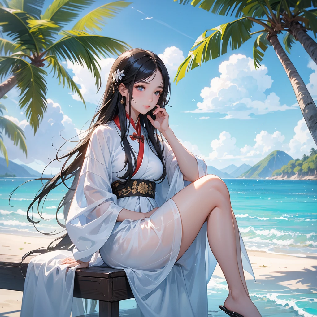 A beautiful girl with black long hair, wear white ancient chinese clothes, with the sun shining on her face, close up.

Sitting fishing By the blue sea Under the coconut tree Behind there are mountains, with low, lazily floating clouds.