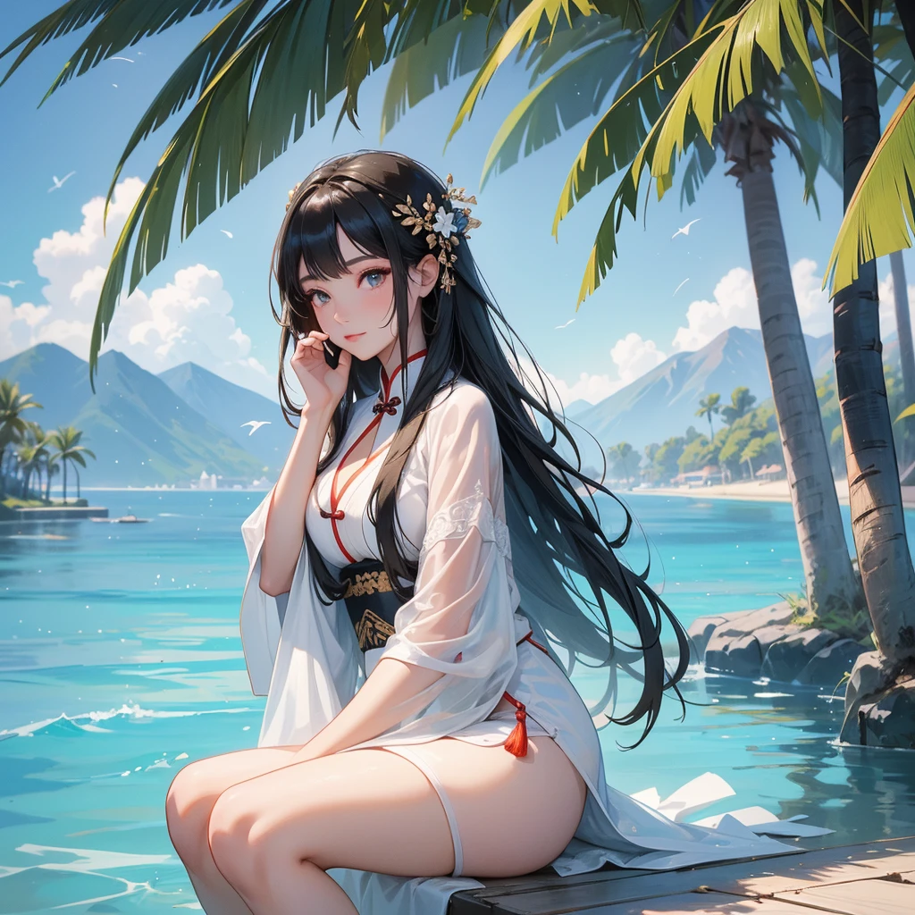 A beautiful girl with black long hair, wear white ancient chinese clothes, with the sun shining on her face, close up.
Sitting fishing By the blue sea Under the coconut tree Behind there are mountains, with low, lazily floating clouds.