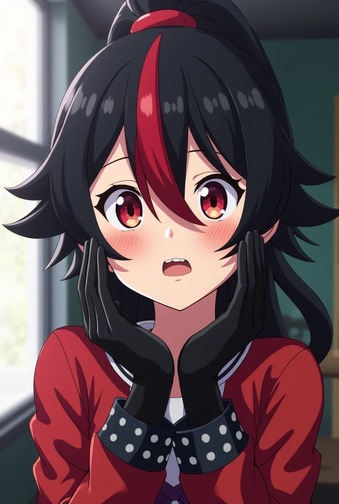 My hero academia screencap of a female with Black and red hair, She has a high ponytail, light black eyes, and wears long black gloves. She has short fangs (she is blushing cutely and brightly).