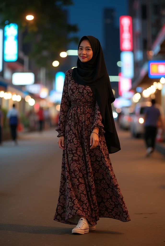 photorealism:1.2), beautiful indonesian woman, slightly fat body, walking on Kuala lumpur night street, wearing pattern long gamis dress, soft black syar'i hijab, sneaker shoes, bold make-up, pink lipstick, real photoshoot, out doors, good lighting, Kuala lumpur Malaysia city background, full lighting, standing pose, relaxed pose, warm colors, 5D, 8K, HD