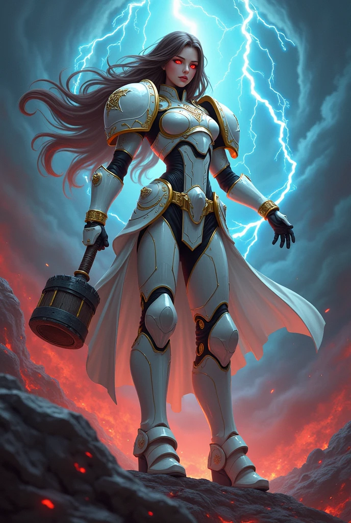 Masterpiece, best quality, ultra-detailed, anime style, solo, full body of space marine girl, Pure white Heavy armor with gold trim, Brown Hair Style, Red eyes with geometric patterns, Nice robe, held a hammer with a giant blue lightning bolt surrounding, Standing in the midst of the bloody storm, Warhammer 40K,8k high resolution, trending art station, Dark background, whole body, Dark fantsy style