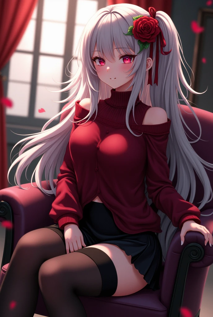Beautiful anime woman with white hair and blood red eyes. Wearing a loose dark red turtleneck sweater tucked into a short black skirt, and leggings with high heels. She has some of her hair pinned back. A rose and some red ribbons decorate her hair. She is sitting in a chair with her legs crossed.