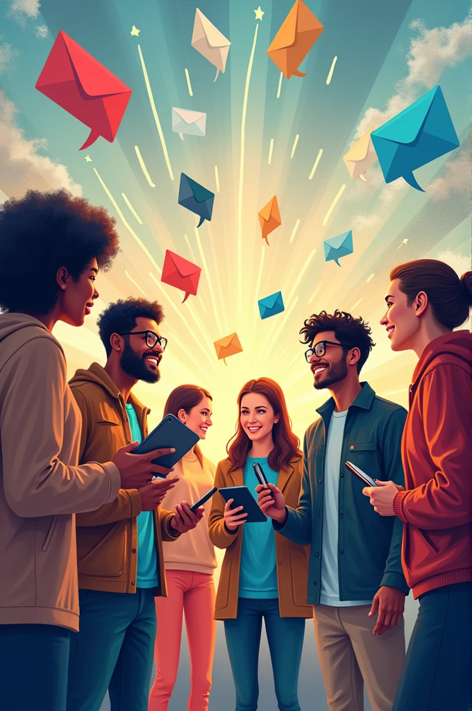 Imagery: Imagine a diverse group of people standing in a circle, each holding different communication tools—phones, letters, and speech bubbles. Lines of light or connection between them illustrate the flow of information and collaboration. In the background, there are symbols of community activities like meetings, events, or shared projects.
Setting: The scene is vibrant and dynamic, with elements of community life in the background to emphasize active engagement and connectivity.
