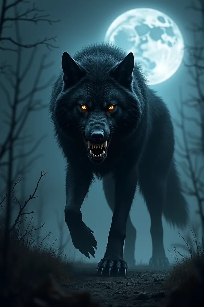 Wolf black scary night in background full moon horrific 