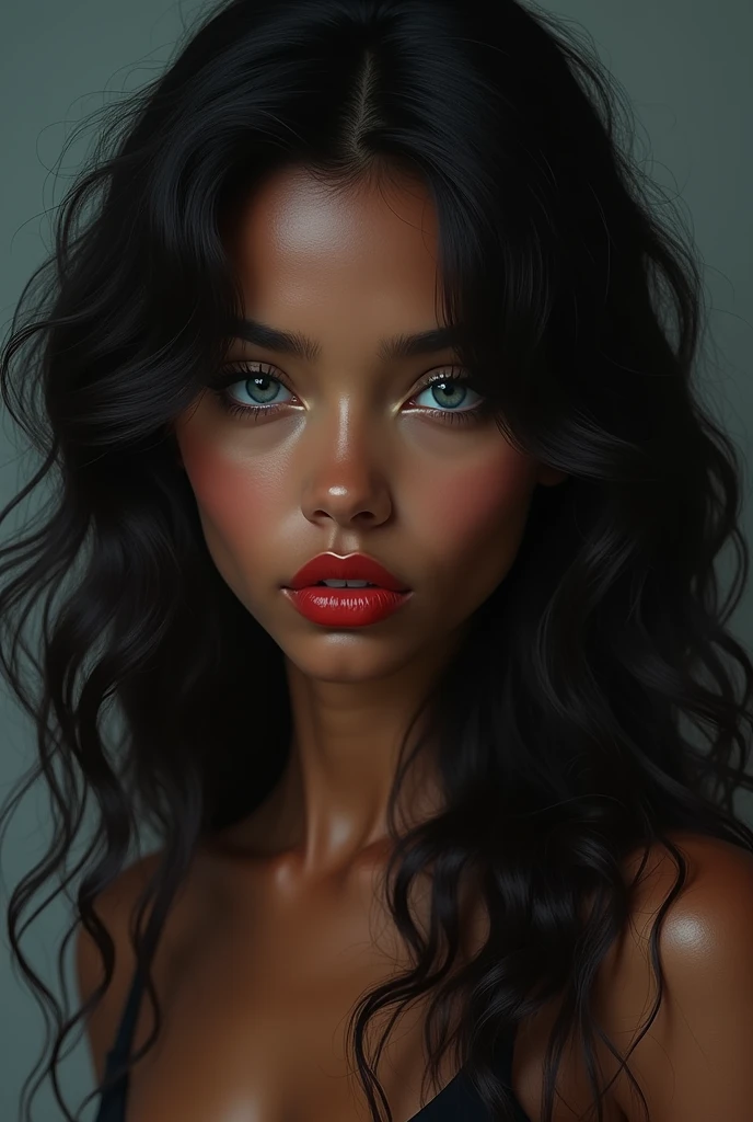 Really dark skinned 1 girl
Blue eyes 
Long curly hair 
Red lipstick
Turned up nose, small cheekbones
