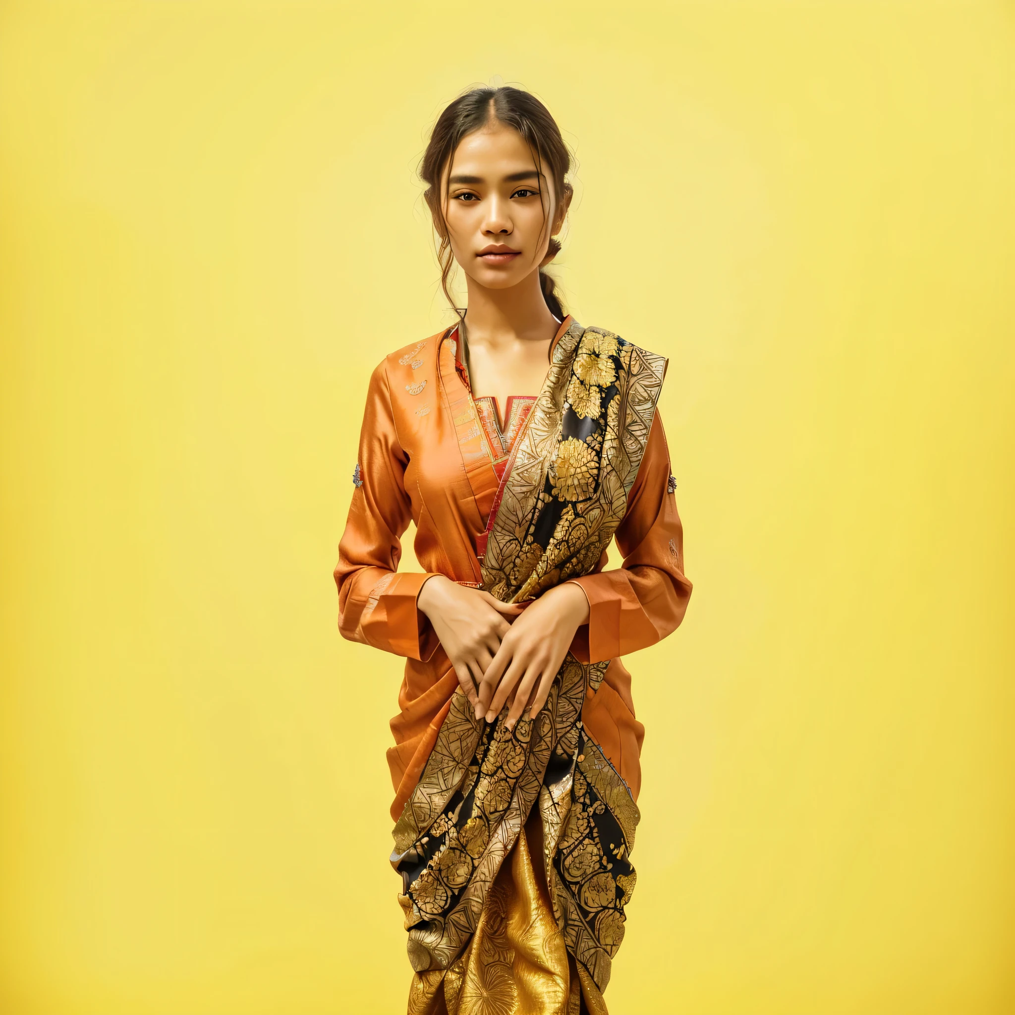 arafed woman in a traditional dress holding a bag, batik, a young sundanese woman, wearing an ornate outfit, young sundanese woman, sundanese woman, traditional clothing, in front of an orange background, wearing sari, an asian woman, with yellow cloths, wearing ornate silk clothes, wearing a sari, traditional dress, traditional clothes, photo of young woman, Film Photography,Film grain, 8K Photo, 8K Quality, Professional Photography, High Resolution, High Detail, High Fidelity, Detailed hair, Detailed hair strands, Detailed skin,
Detailed skin texture, Detailed pores, Detailed fabric textures, Detailed Clothes, Detailed cloth textures, Detailed cloth wrinkles, Sharp focus, Detailed shirt, Detailed outfit