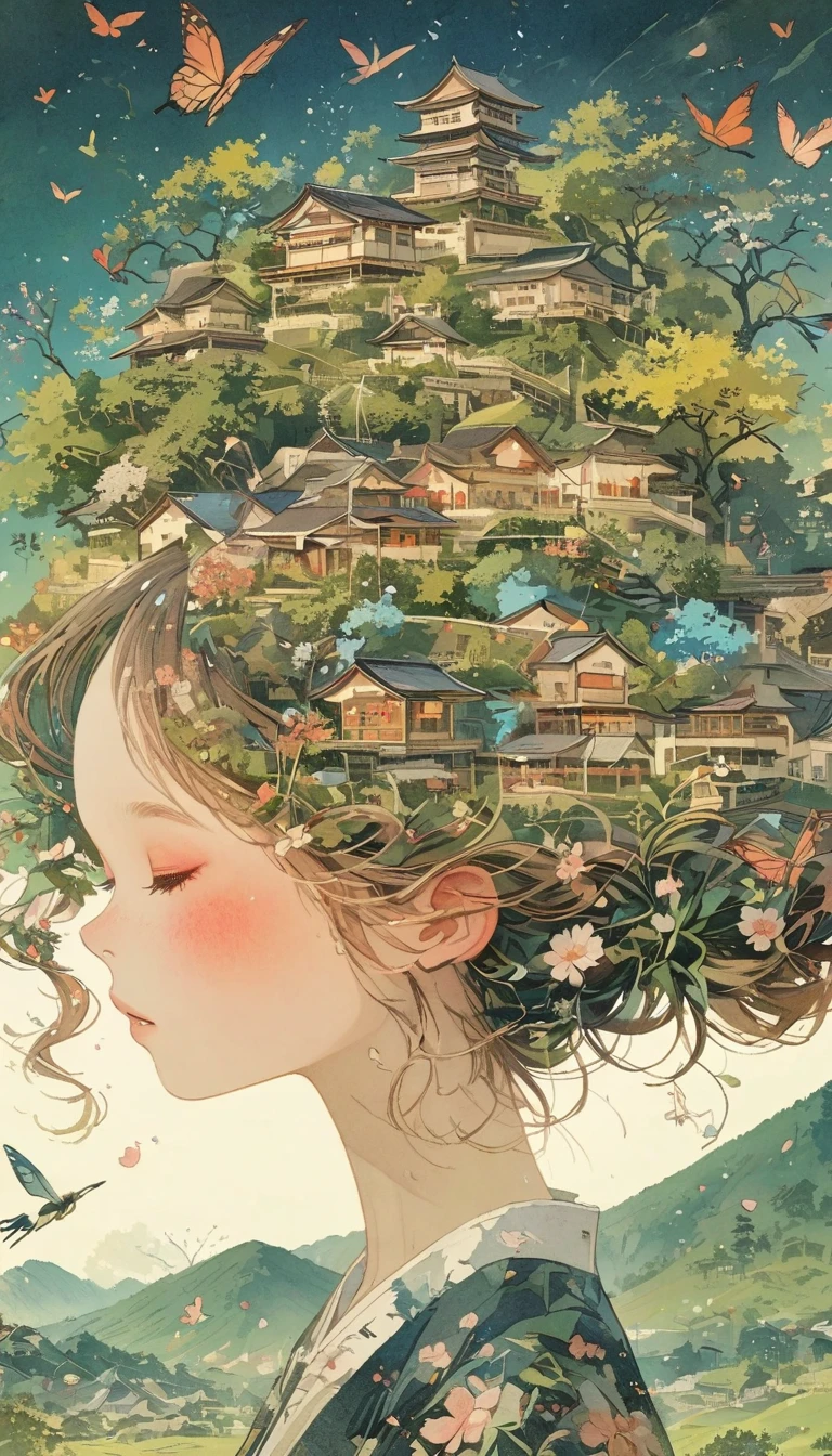Japanese with leafy hair、Photographed from the front、From Adobe、masterpiece、Highest quality、look up、Cherry blossom petals、Lots of butterflies々Spread your wings、torii、Lots of fireworks、Night Sky
