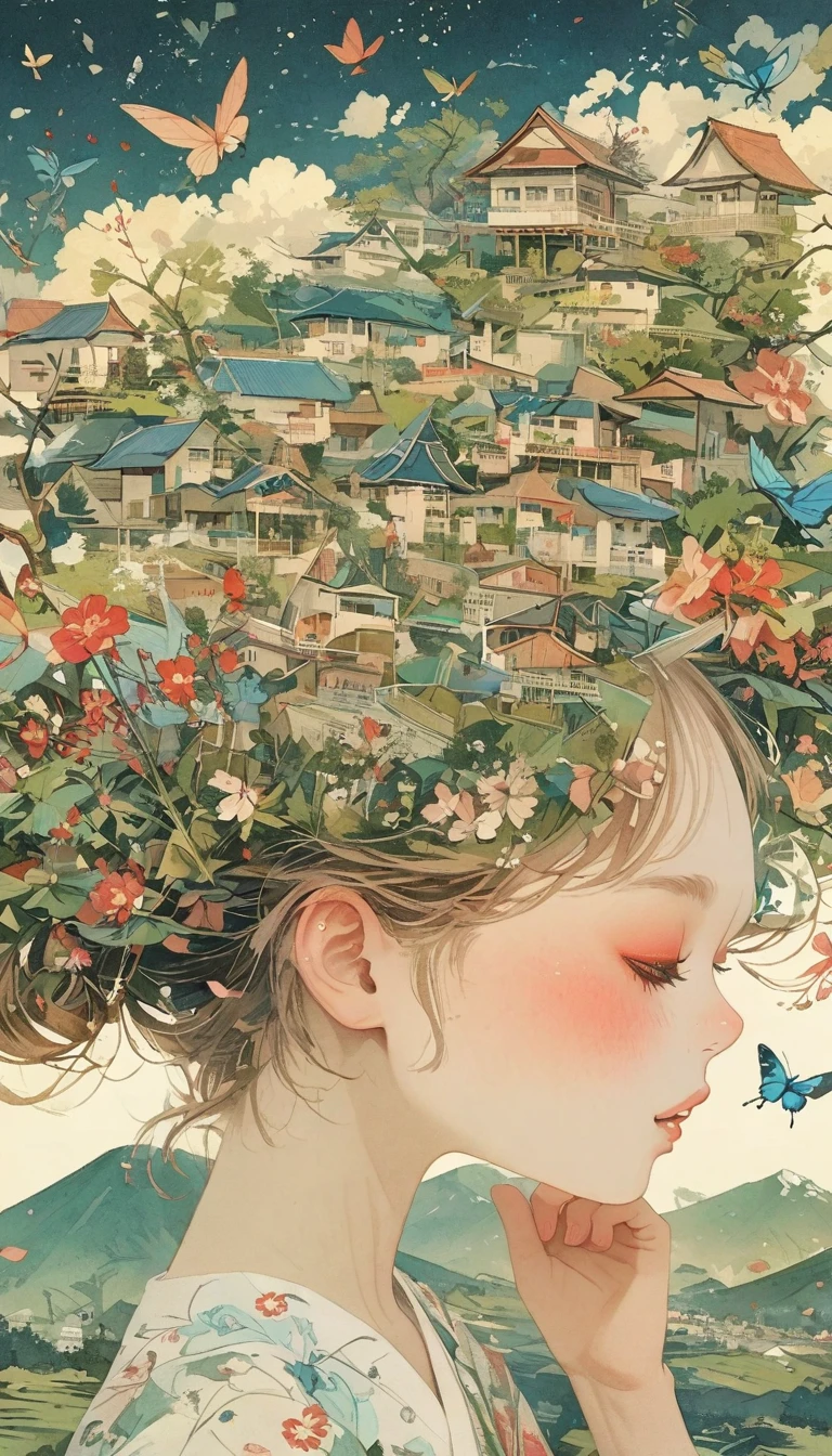 Japanese with leafy hair、Photographed from the front、From Adobe、masterpiece、Highest quality、look up、Cherry blossom petals、Lots of butterflies々Spread your wings、torii、Lots of fireworks、Night Sky