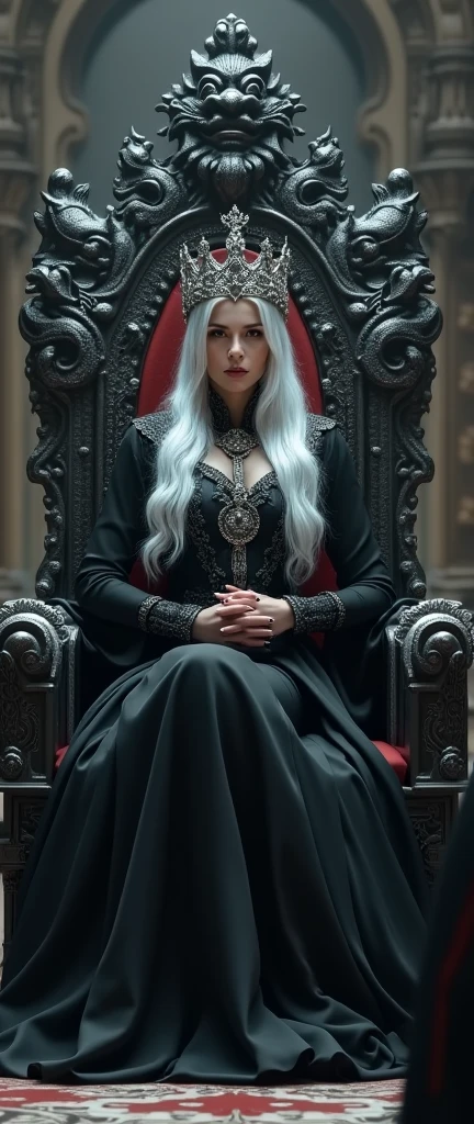 generate landscape picture, 1080p, beautiful woman with silver hair, sitting on the throne, wearing black noble outfit,crowned by silver obsidian crown, surround by kingsguard and her servants kneeling to the queen, in the background carved dragon face staring it queens throne