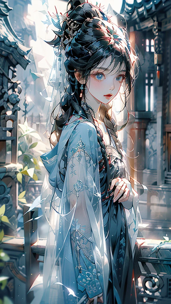 Exorcising evil spirits at the shrine17Beautiful girl about her age、Shrine maiden、Androgynous beautiful face、Perfectly trimmed face、Beautiful proportions、Open your mouth slightly、
Black hair and sky blue mesh hair、ponytail、White ribbon、Shrine maiden服、Naginata、Waist-length hair、Loose waves in black hair、Tie the side hair back with a green string.、From the waist up、Blue Eyes、Looking sadly at the sky、Swaying earrings、Finely carved blue gemstone necklace、choker、Hair dancing in the wind、(((In his right hand he holds a spellbook engraved with a crimson red pentagram.)))、Staring at the sky, I chant a spell、Open your mouth、((A dazzling light shoots out from the spellbook into the sky.))、Intricate and elegant embroidered innerwear in black and gold、Hooded coat with fluffy white feathers、Coat fluttering in the wind、White feathers flying in the air、Left hand pointing straight up towards the sky、A small pale light from my fingertips、Dark sky、lightning、Gazing at the sky、Beautiful hand ultra wide shot、Focus on people、masterpiece, best quality, ultra detailed, insanely detailed, exquisite, beautiful, 16K, highres