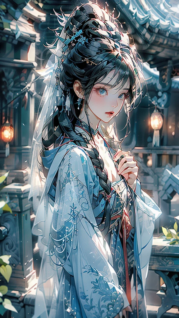 
Exorcising evil spirits at the shrine１７Beautiful girl about her age、Shrine maiden、Androgynous beautiful face、Perfectly trimmed face、Beautiful proportions、Open your mouth slightly、
Black hair and sky blue mesh hair、ponytail、White ribbon、Shrine maiden服、Naginata、Waist-length hair、Loose waves in black hair、Tie the side hair back with a green string.、From the waist up、Blue Eyes、Looking sadly at the sky、Swaying earrings、Finely carved blue gemstone necklace、choker、Hair dancing in the wind、(((In his right hand he holds a spellbook engraved with a crimson red pentagram.)))、Staring at the sky, I chant a spell、Open your mouth、((A dazzling light shoots out from the spellbook into the sky.))、Intricate and elegant embroidered innerwear in black and gold、Hooded coat with fluffy white feathers、Coat fluttering in the wind、White feathers flying in the air、Left hand pointing straight up towards the sky、A small pale light from my fingertips、Dark sky、lightning、Gazing at the sky、Beautiful hand ultra wide shot、Focus on people、masterpiece, best quality, ultra detailed, insanely detailed, exquisite, beautiful, 16K, highres