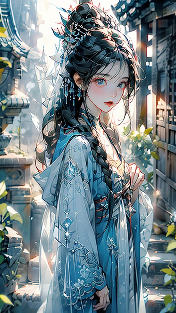 Exorcising evil spirits at the shrine17Beautiful girl about her age、Shrine maiden、Androgynous beautiful face、Perfectly trimmed face、Beautiful proportions、Open your mouth slightly、
Black hair and sky blue mesh hair、ponytail、White ribbon、Shrine maiden服、Naginata、Waist-length hair、Loose waves in black hair、Tie the side hair back with a green string.、From the waist up、Blue Eyes、Looking sadly at the sky、Swaying earrings、Finely carved blue gemstone necklace、choker、Hair dancing in the wind、(((In his right hand he holds a spellbook engraved with a crimson red pentagram.)))、Staring at the sky, I chant a spell、Open your mouth、((A dazzling light shoots out from the spellbook into the sky.))、Intricate and elegant embroidered innerwear in black and gold、Hooded coat with fluffy white feathers、Coat fluttering in the wind、White feathers flying in the air、Left hand pointing straight up towards the sky、A small pale light from my fingertips、Dark sky、lightning、Gazing at the sky、Beautiful hand ultra wide shot、Focus on people、masterpiece, best quality, ultra detailed, insanely detailed, exquisite, beautiful, 16K, highres