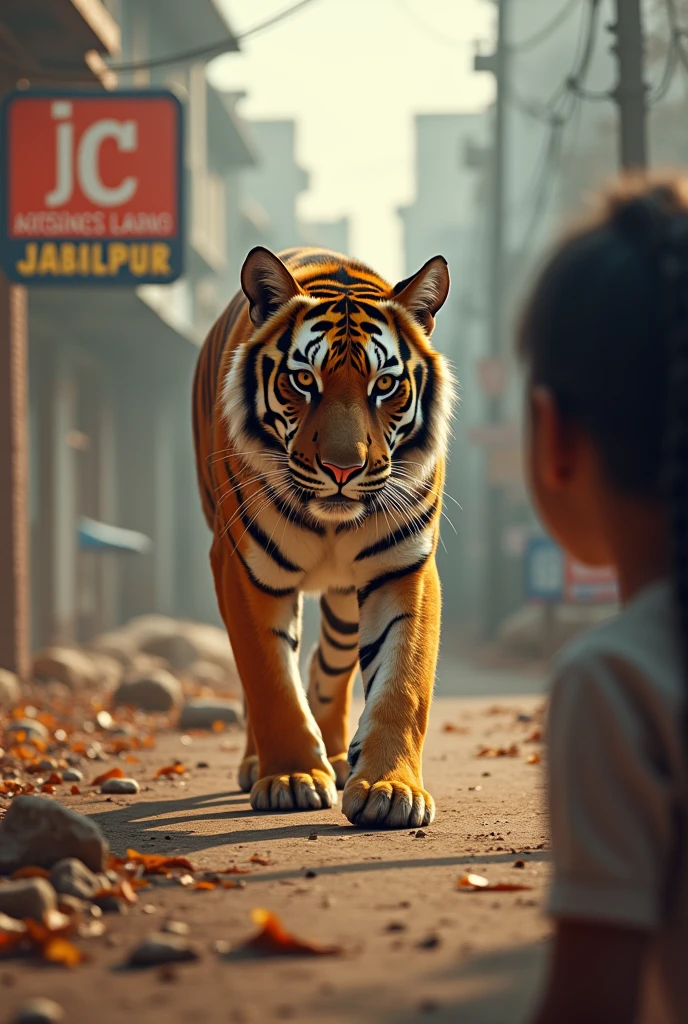 One tiger in india city jabalpur and tere have one poster of jc classes jabalpur and girl looking that and show clear picture 
