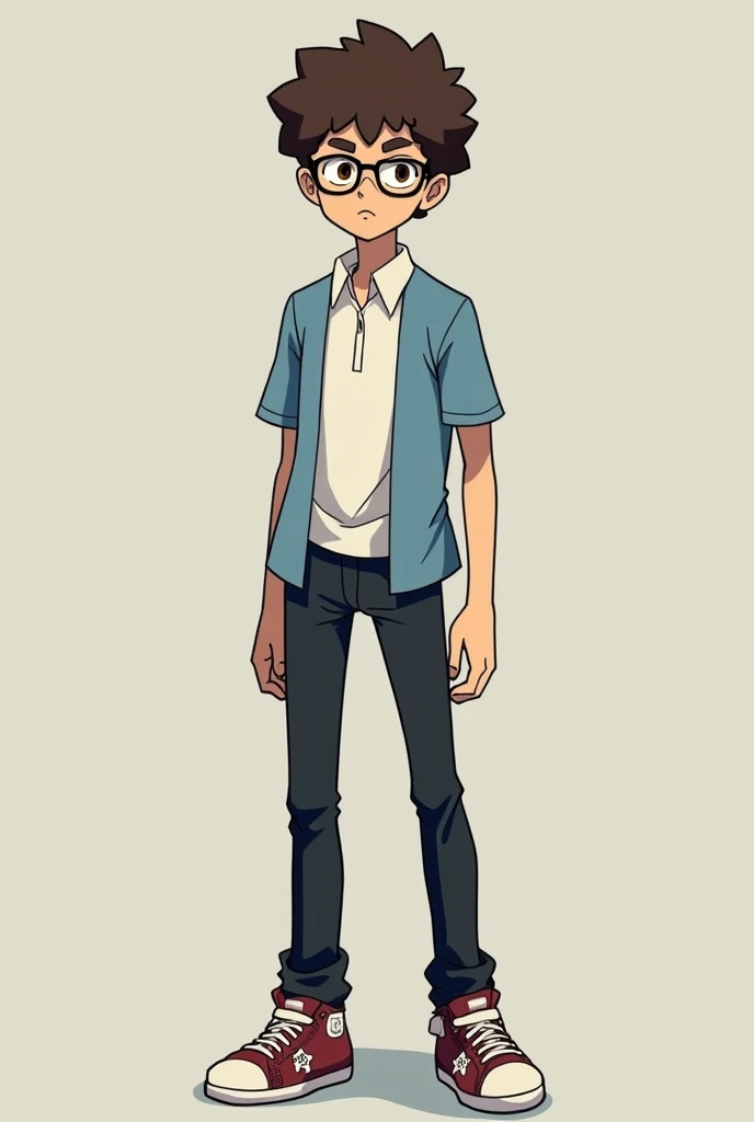 Senpai is a very tall, gangling, and angular build high schooler with a well-defined chin and curly, "fluff-like" brown hair, often compared to a sheep's fleece.[13] He has an extremely pale and delicate complexion - so much that he gets sunburnt easily[14] - and sharp, twitching-prone brown eyes. He is short-sighted and always wears a pair of horn-rimmed glasses, although he can see somewhat decently even without them[15][16] and later starts to wear lenses.[17] Often described as a "bean sprout", Senpai is slender, incredibly weak[18][19] and has a bony, dry, skinny, and very inflexible[20] physique with his arms being so thin that they could be contained in a girl's grip,[21] but relatively defined pecs.[22] Nagatoro frequently calls him "gross", yet he is actually decently handsome and both the girl[23][24][25] and her friends[26][27][28] have shown to find him quite attractive.

He typically wears his school uniform consisting of a white button-up shirt (whose sleeves and collar he always keeps tightly buttoned) and black trousers completed with a pair of sneakers. However, in summer he wears a short-sleeved shirt in his uniform,[29] while in winter he is shown to wear a cardigan[30] and occasionally a blue blazer.[31]

When not at school he usually sports a plain, practical, or classic-styled choice of clothing.[32][33][34]