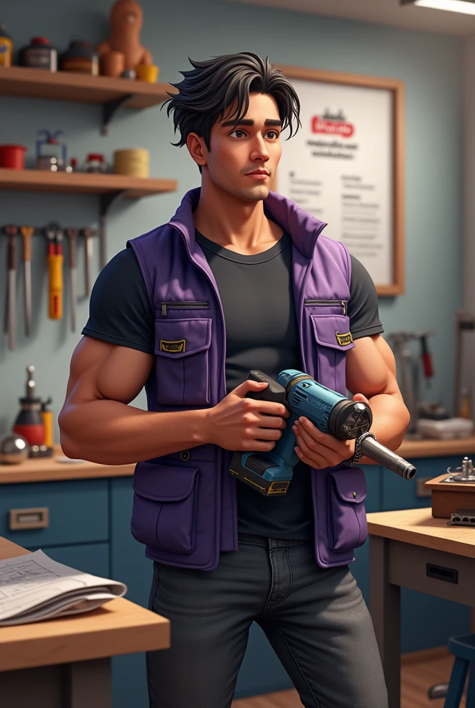 (dramatic illumination, dynamic angle, intense color contrast), [(a teen boy with brown hair in a man bun and blue eyes: 1.2), (with artificial prosthetic right arm: 1.2), (wearing jeans and a black T-shirt and a dirty apron: 1.1), (working on clay sculpture: 1.2)], 