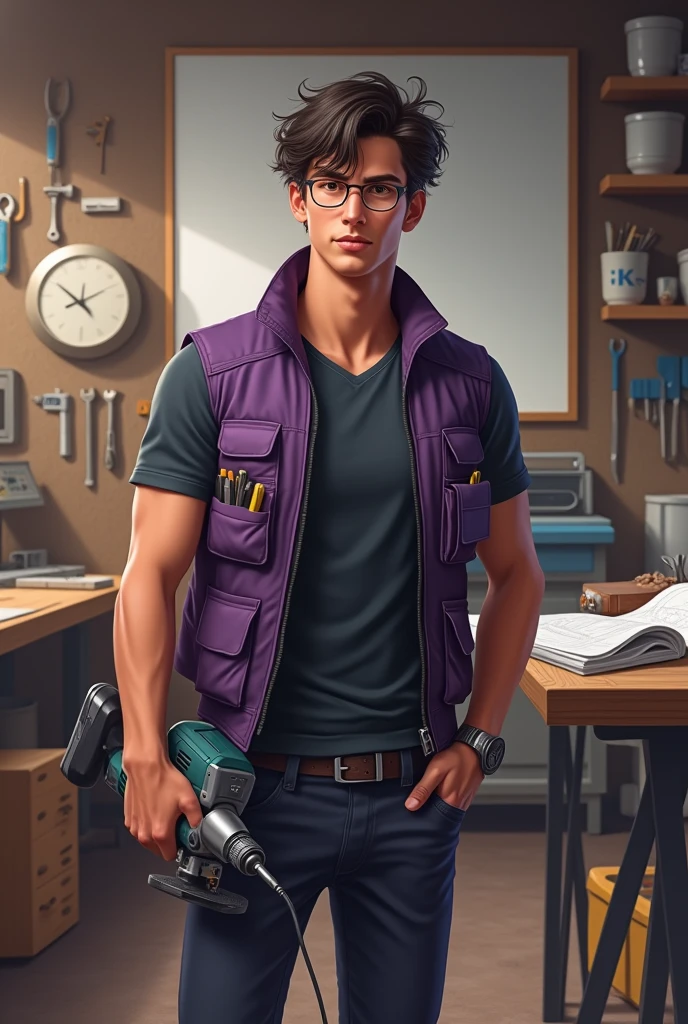 character:
Age and Appearance: Young male, About 30 years, normal build, with a confident and energetic attitude, Without beard.
hair: negro, short and somewhat disheveled, with strands that fall slightly over the forehead for a modern look.
CLOTHES: She is wearing a tight t-shirt, Possibly in a dark color like black or gray, and a purple sleeveless vest on top. The vest has several tool pockets and functional details..
Accessories: He holds a yellow and black Dewalt impact driver in one hand, which adds a touch of action and dynamism to the image.
bottom:
Environment: A repair or DIY workshop. The background is full of shelves with tools, melamine furniture and some machines or work benches.
Background details: Tools hanging on the wall, an open toolbox with various tools scattered around, and perhaps some blueprints or manuals on a work table to give the environment a more authentic feel, The character is dedicated to assembling melamine furniture, On the wall there is a white picture that says MUEBLES LUMEXA