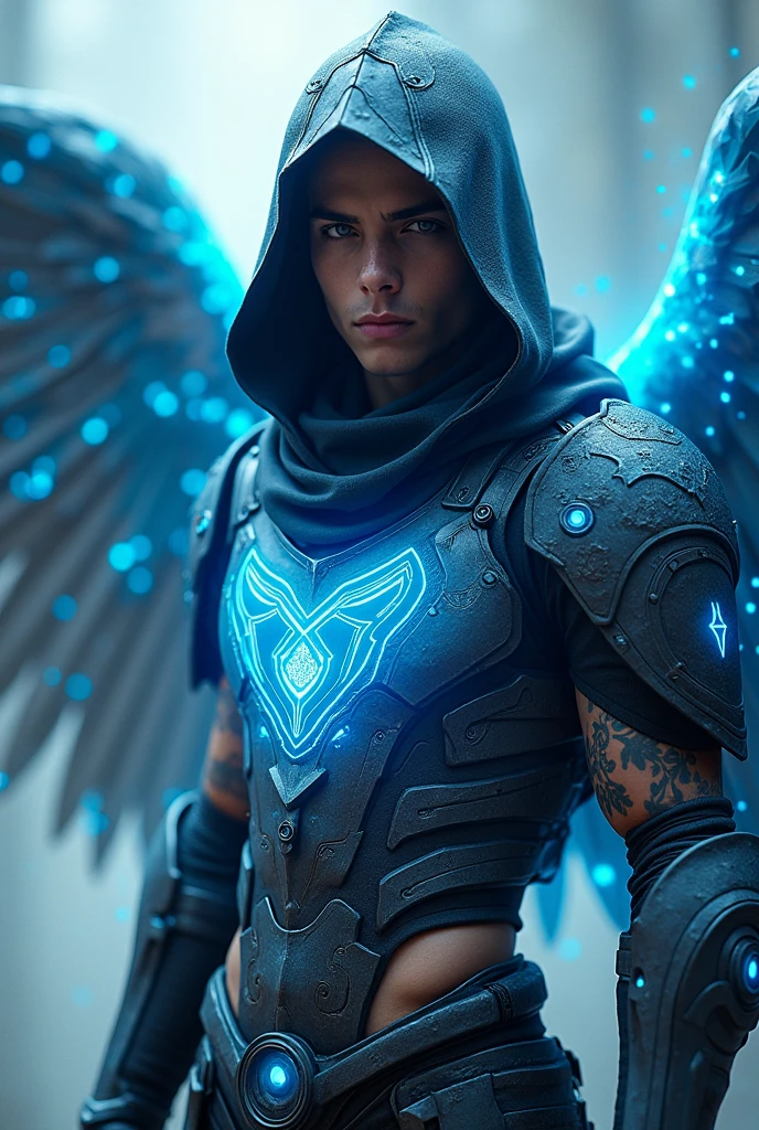20 year old young manAngelic Warrior and futuristic armor with hood, his face is not visible and a celestial aura with (Rinnegan White) a penetrating gaze with male fire trail wings, mestizo skin with Hebrew tattoos that shine blue all over half of his body