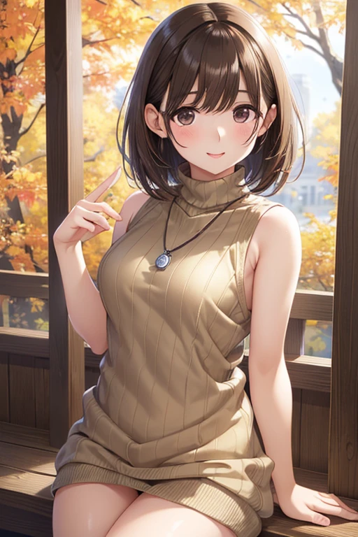 anegasaki nene、Shiny brown hair, short hair, (Beautiful brown eyes、Sparkling eyes, Fine grain)、smile、Ultra-detailed eyes、Very detailed顔, Very detailed目,Cowboy Shot、


nsfw、
(artwork), Highest quality, Very detailed, shape, Warm lighting, Soft lighting, Shiny colors, 
1 person, independent,( beautiful girl,) , autumn, Many maples, Maple Leaf, Golden Leaf, folhagem de autumn, Dry leaves, river,  fresh air,  peace, Fresh breeze , Pleasant Climate,
( Wear a brown sleeveless ribbed sweater,Small pendant, longing,), (((Sexy clothes)))