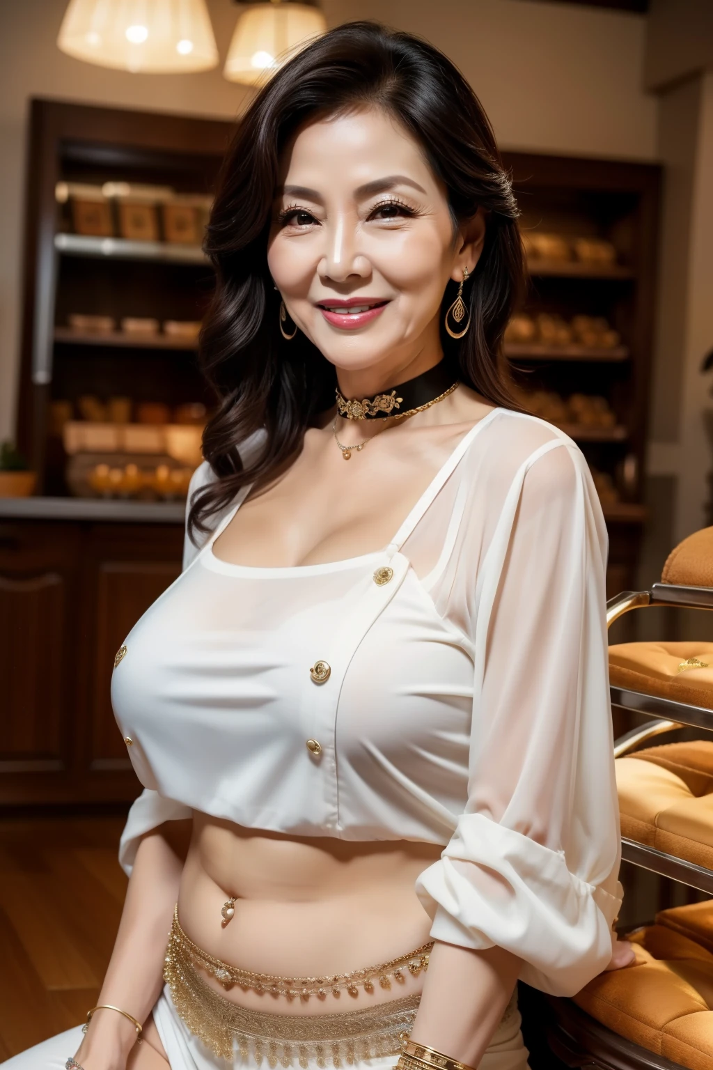 ７５ years old　mom　milf　Korean, Lady　large earring　Big choker　navel piercing decoration　A bracelet　realisitic　Gorgeous Madame Beautiful Mature Woman　sexly　Smile　Gentle woman navel piercing　４K　High quality　Gorgeous Madame Beautiful Mature Woman