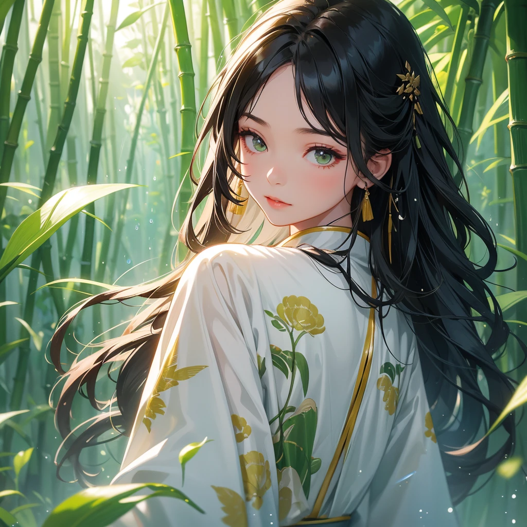 A beautiful girl with black long hair, wear white ancient chinese clothes, with the sun shining on her face, close up.

The back is a lush green bamboo forest. The air after rain has water droplets splashing around.