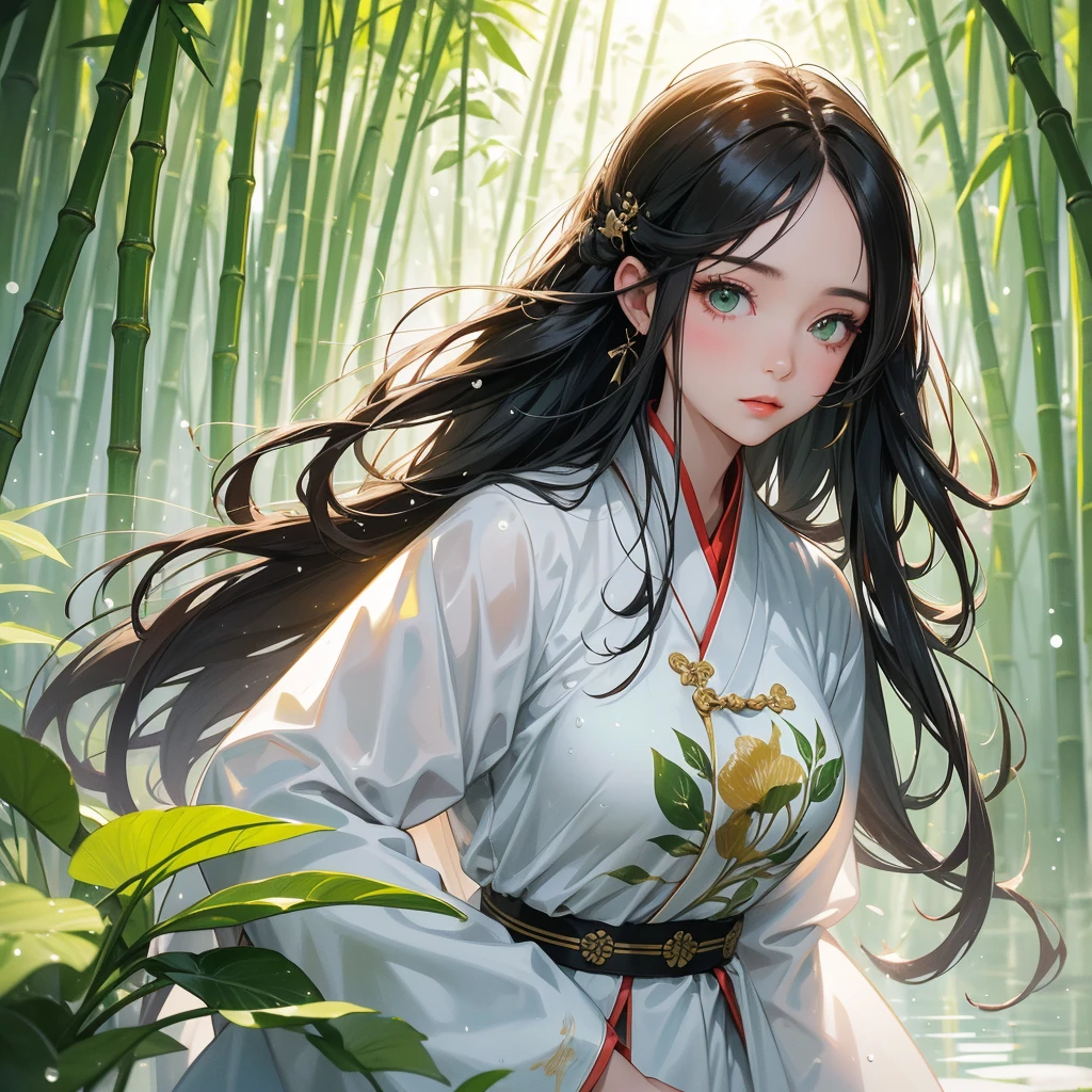 A beautiful girl with black long hair, wear white ancient chinese clothes, with the sun shining on her face, close up.
The back is a lush green bamboo forest. The air after rain has water droplets splashing around.