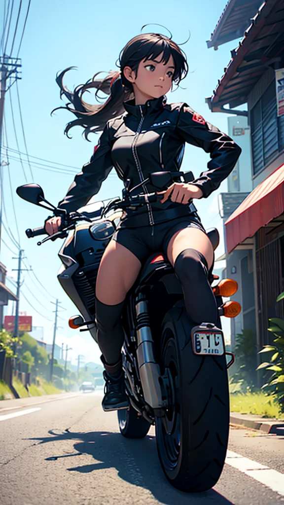 {Straight Front view} of a girl riding a motorcycle