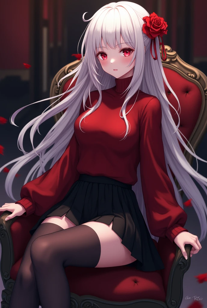 Beautiful anime woman with white hair and blood red eyes. Wearing a loose dark red turtleneck sweater tucked into a short black skirt, and leggings with high heels. She has some of her hair pinned back. A rose and some red ribbons decorate her hair. She is sitting in a chair with her legs crossed.