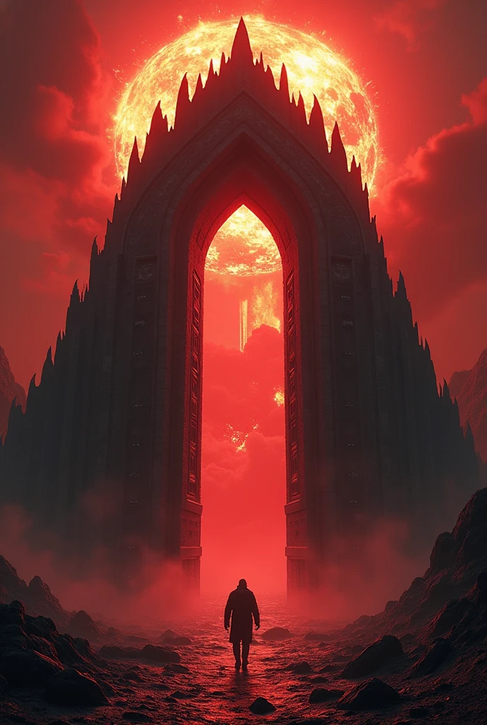 Entrance to pandeminium with nuclear detonation in red background