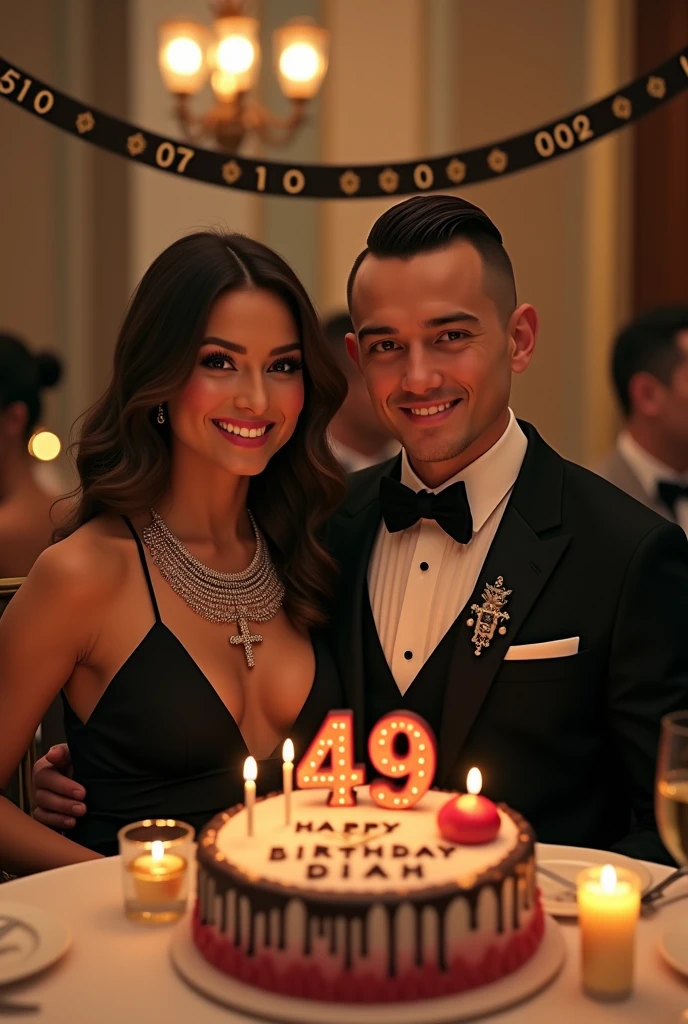 a dinner celebration attended by a lady and a gentleman. Both wearing upscale business attires. The gentleman's hair style is very short. The lady wearing a beautiful necklace with a cross in the end, both facing the camera. all smile. There is a birthday cake with candle number 49. In the cake there is writing of "Happy Birthday Diah".The gentleman is giving a birthday gift to the lady. Behind is a banner with a writing of 07 September 2024, photo realistic, UHD.