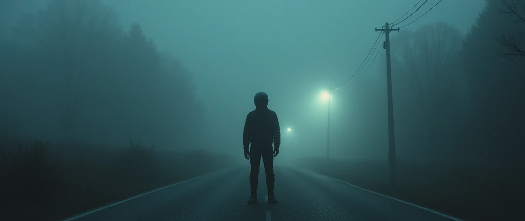 A haunted road on night foggy weather and a rider with black helmet and riding gear without bike