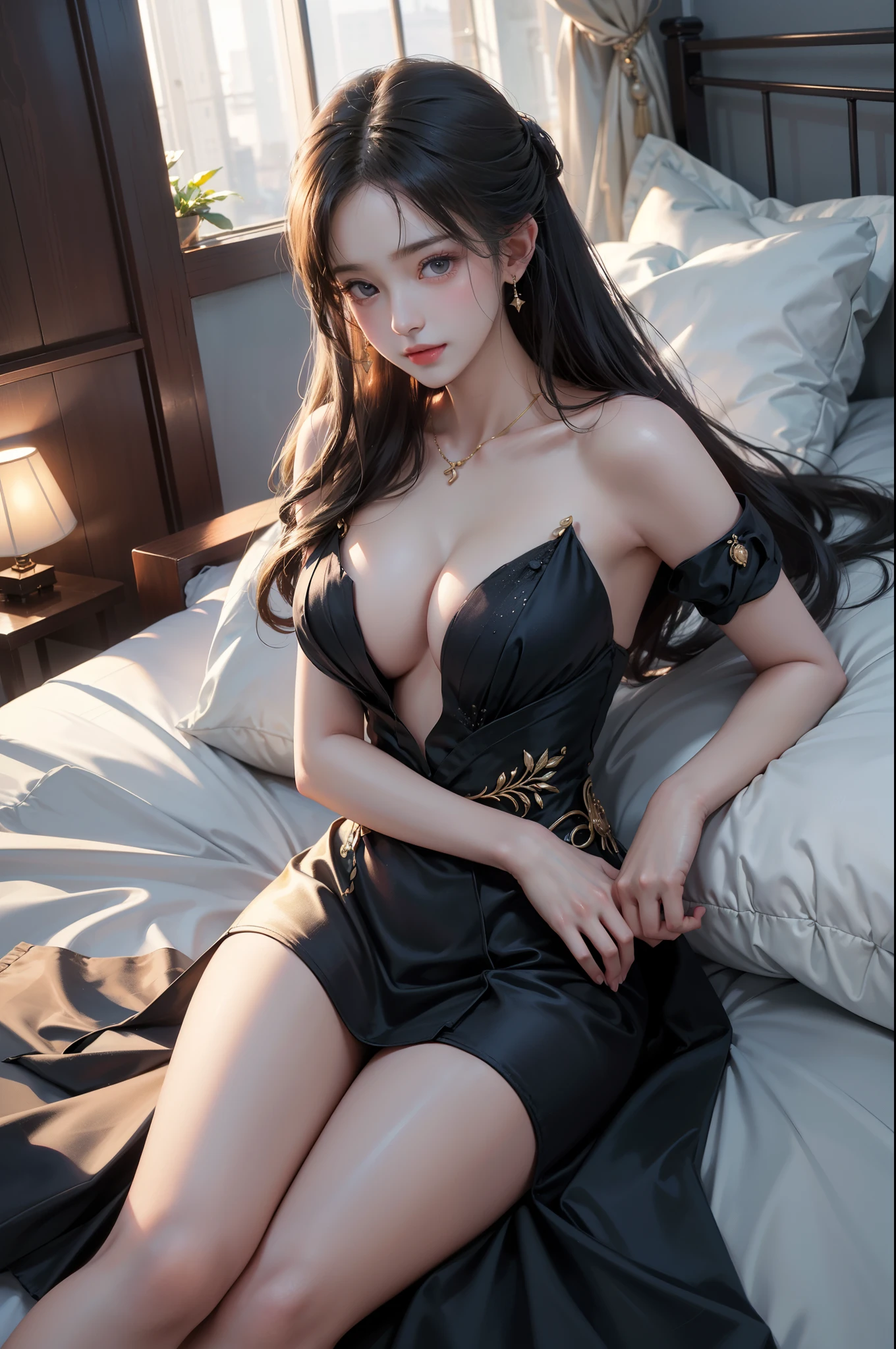 keqing \(opulent splendor\)((Girl lying in bed))、A beautiful and charming woman, Elegantly, Her plump breasts are on display.,Visible cleavage,Sexy long legs,Various slim and lovely beauties, Her long hair cascades down like a waterfall。She smiled brightly,Eyes sparkling,Her skin is flawless。Her curves are highlighted。Shine in the light,The color is pastel,She lay confidently,One hand on hip,Her posture is both graceful and strong.。She wore elegant high heels,It matches her outfit very well。In the warm golden sun。The overall mood of the picture is tranquil and uplifting,Emphasis on natural beauty and elegance, Studio Lighting,Vibrant colors, Cute girl, sweet smile, cosmetic,Shy,blush,Open your mouth,Heavy breathing,moan,超realism,realism,Movie Lighting,comfort,Sony FE GM,Retina,masterpiece,precise,Anatomically correct,Textured Skin,Super Detail,High Detail,best quality,Colorful