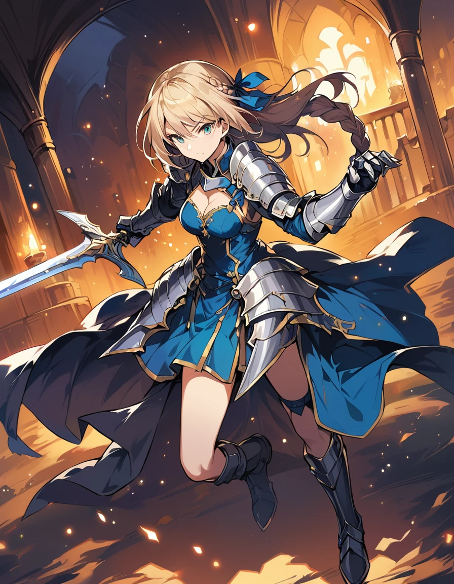 score_9, score_8_up, score_7_up, score_6_up, source_anime, BREAK Anime - Stylistic image of Artoria Pendragon (braid, short dress, ribbon, hair ribbon, armor, gauntlets, armored dress, boots:1.2), BREAK cleavage, (action stance with sword:1.3), BREAK Kushatt Krenz Key Art Women, Extremely detailed Artgerm, Artgerm on ArtStation Pixiv, BREAK Epic light novel art cover, gorgeous female paladin, trending on artstation pixiv, Portrait Chevaliers du Zodiaque Fille, BREAK inside dimly lit spooky mansion, midnight, shallow depth of field, BREAK highly detailed, bokeh, moody, epic, gorgeous, grainy, BREAK (ultra-detailed), (best illustration), (best shadow), (absurdres), (detailed background), (very aesthetic).