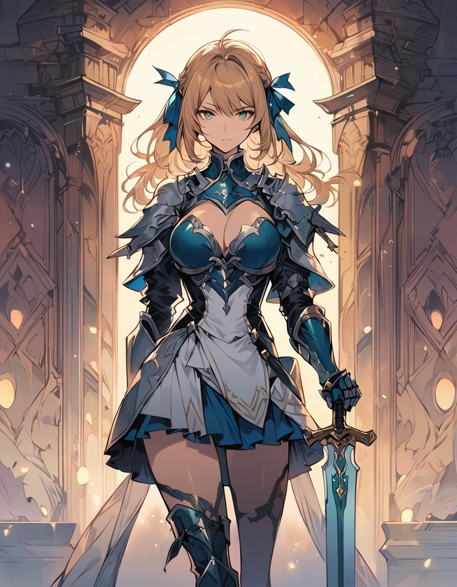 score_9, score_8_up, score_7_up, score_6_up, source_anime, BREAK Anime - Stylistic image of Artoria Pendragon (braid, short dress, ribbon, hair ribbon, armor, gauntlets, armored dress, boots:1.2), BREAK cleavage, (action stance with sword:1.3), BREAK Kushatt Krenz Key Art Women, Extremely detailed Artgerm, Artgerm on ArtStation Pixiv, BREAK Epic light novel art cover, gorgeous female paladin, trending on artstation pixiv, Portrait Chevaliers du Zodiaque Fille, BREAK inside dimly lit spooky mansion, midnight, shallow depth of field, BREAK highly detailed, bokeh, moody, epic, gorgeous, grainy, BREAK (ultra-detailed), (best illustration), (best shadow), (absurdres), (detailed background), (very aesthetic).