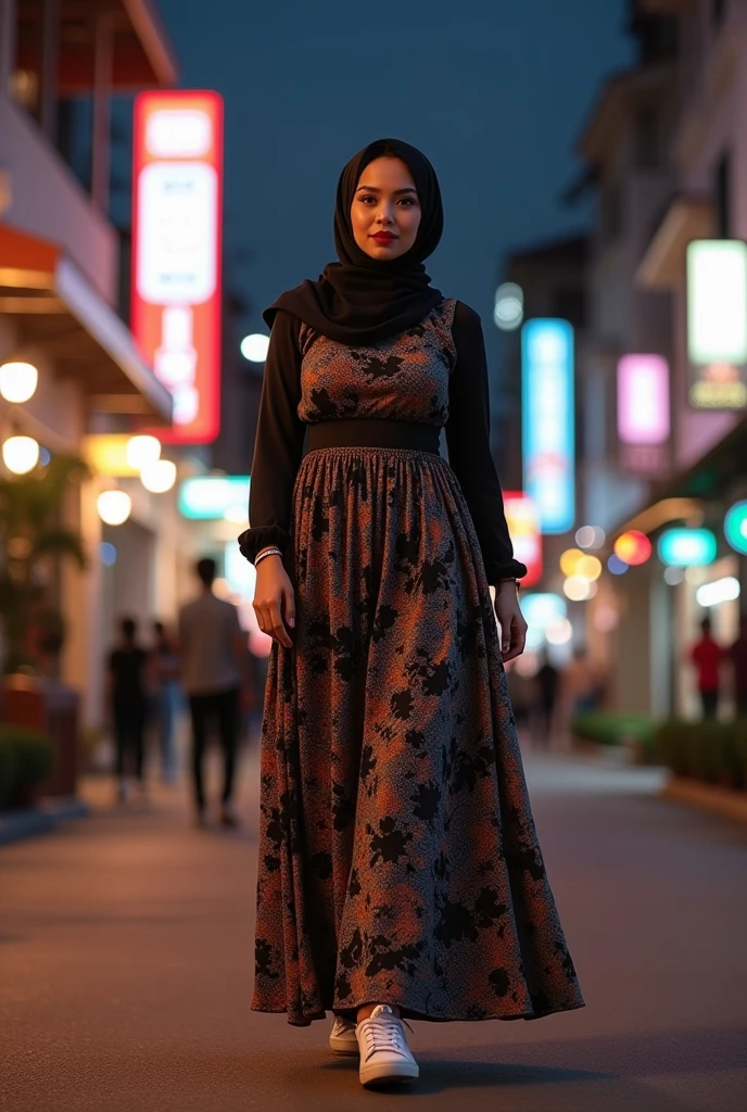 photorealism:1.2), beautiful indonesian woman, fat body, walking on Kuala lumpur night street, wearing pattern long gamis dress, soft black syar'i hijab, sneaker shoes, bold make-up, pink lipstick, real photoshoot, out doors, good lighting, Kuala lumpur Malaysia city background, full lighting, standing pose, relaxed pose, warm colors, 5D, 8K, HD