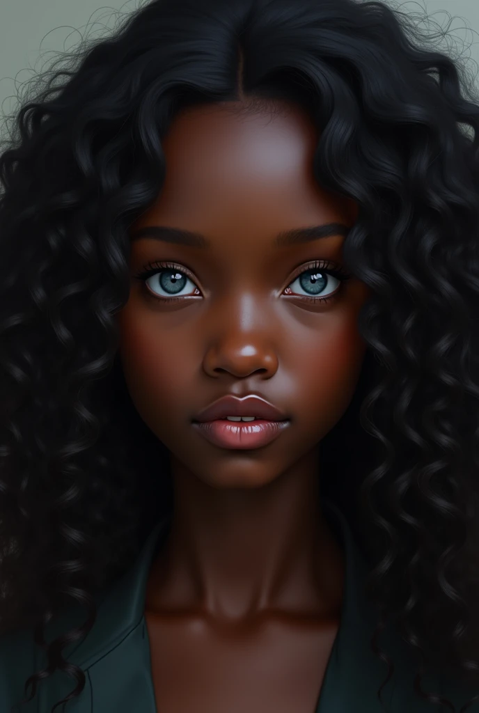 Really dark skinned 1 girl
Blue eyes
Long curly hair
Turned up nose