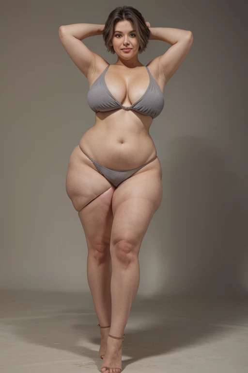 7 grandmother, short gray hair, clearly visible age marks, full body, standing, large natural breasts, triangular hips, thick thighs, wide legs, hands on waist, wearing gray thong, full body, standing, legs open, hands up, risort