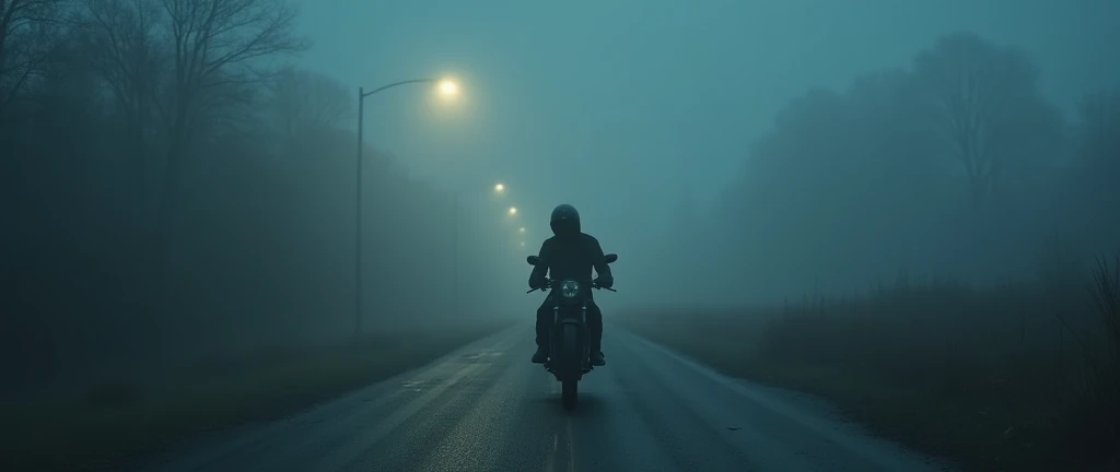 A haunted road on night foggy weather and a rider with black helmet and riding gear without bike