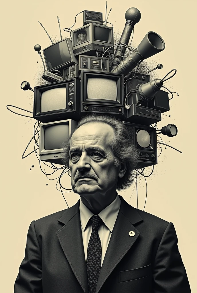 Make a photo of herbert marshall Mcluhan ,make it just an art ,make it two color,put media technologies around it put old television and old. Computer put it in that head make it two color art put the TV on face ang put wire connected to each other