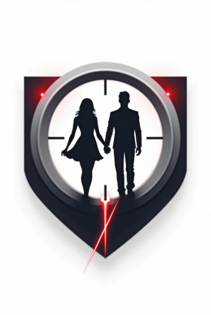 Tim esports logo, Logo Shape: Shield or circle with clean, firm lines.partner: Silhouettes of a man and woman standing side by side or holding hands in the center of the shield.The Third Figure: Silhouette of a man who is the same size as his partner, be behind or slightly to the side, looks like trying to approach or steal a woman.Rejection: Add a big red cross over the figure of the man trying to grab it., to confirm the rejection.color: Black or metallic gray base with red accents for the crosshairs.Background: White to make background removal easier.