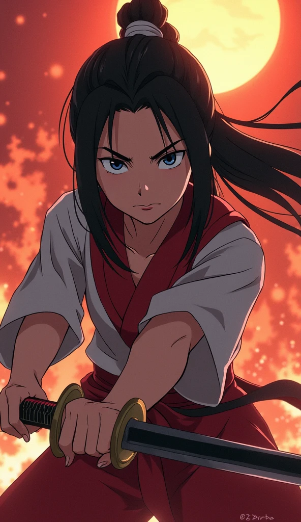 애니 Demon Slayer 캐릭터 , kamado nezuko , Prepare to draw your katana, There is an intense concentration in his eyes., Look ahead with nervous anticipation, Lean slightly forward, Holding a katana in both hands. Demon Slayer, Demon Slayer's Blade, Harmony of sun and fire