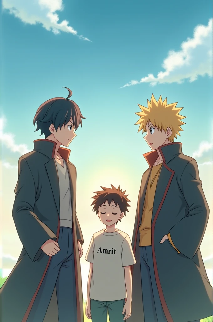 Gojo and sukuna with a boy and boy wear a t shirt and t shirt name is Amrit and they are seeing sky and smile